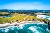 Aerial view of Beachcomber Motel and  the Mendocino coast in Fort Bragg, CA.