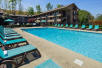 Outdoor pool with blue lounge chairs.