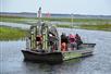 A black air boat full of people in the water with marsh grass in front of them and trees in the distance at Boggy Creek Airboat Adventures.