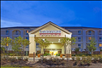 Exterior view of the hotel at night.