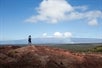 Solo woman hiker model in Hawaii trekking across the Volcano National Park landscape on solid lava rock