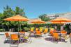 A concrete patio with round tables covered by orange umbrellas with matching orange chairs and bushes and trees in the background on a sunny day.