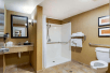Accessible private bathroom with roll-in shower.