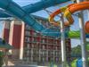 View of the waterslides and the building exterior at Country Cascades Waterpark Resort in Pigeon Forge, Tennessee.