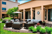 Outdoor patio with daybeds and firepit.