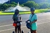 Some tour participants posing in front of the Kap Park fountain on the Diamond Head Segway Tour, Honolulu Hawaii.