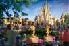 Artist's concept of a family standing in front of Mickey & Minnie 50th anniversary statues & Cinderella's Castle in the background at dusk.