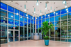 Hotel lobby with glass walls.