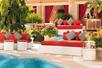 An bright blue outdoor swimming pool with red and white couches and cabanas on the side with bright green plants mixed in.