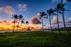 A grassy area with palm trees and a body of water in the background. It depicts a tropical landscape with a beach, palm trees, and a beautiful sky, - Shaka Guide: Driving and Walking Audio Tours
