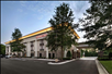 Hotel exterior surrounded with trees.