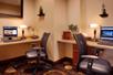 A business center with two desks with computers, lamps, and plants on them with black office chair in front of them.