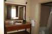 A brown sink with a large mirror over it and a separate room with a shower to the right of it in a room at the Hampton Inn & Suites New Braunfels.