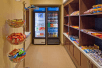 Mini-grocery with snacks and beverages.