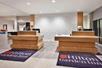 Two front desks with small rugs in front of them and a white textured wall behind them at the Hilton Garden Inn Columbus Easton.