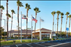 Hilton Garden Inn front entrance with tall palm trees.