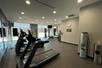 A fitness center with cardio equipment lined up in front of mirrors, a weights area in the back of the room, and floor to ceiling windows on the far wall.