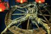 A skeleton tied to a wooden torture wheel on display at the Medieval Torture Museum in St. Augustine, Florida.