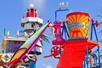 A giant water bucket with characters around it on a sunny day at Michigan's Adventure in Grand Rapids, Michigan.