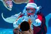 A young child with his hands pressed to the glass of the aquarium tank in front of him with a scuba diver Santa matching his hands on the other side of the glass.