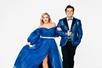 Two cast members dressed in dazzling blue costumes for their performance in Once Upon a Fairytale in Branson, Missouri.
