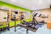 A fitness center with several mirrors on lime green wall with cardio equipment and a weights area in front of it.