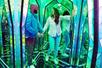 A man and woman making their way through the Mirror Maze with green light reflecting off the mirrors around them in Orlando, FL