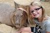 A young blonde girl with glasses and a gray shirt sitting next to a capybara with her hand resting on its head.