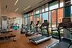 A fitness center with a row of cardio equipment in front of floor to ceiling windows and a weights area on the opposite side of the room.