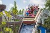 A coaster car full of people with their arms up going down hill on the Roaring Springs water ride on a sunny day at ZooTampa.