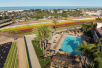 Aerial view of the hotel's pool area and the Flower Fields.