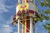 People sitting on the Detonator drop ride waiting for it to drop at Worlds of Fun amusement park in Kansas City, Missouri.