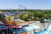 Aerial view looking over Worlds of Fun and Oceans of Fun on a sunny day in Kansas City, Missouri.