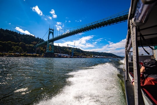 A view of St. John's Bridge from a jetboat on a sunny day.