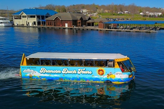 Branson Duck Tours amphibious vehicle on Lake Taneycomo in downtown Branson, Missouri.