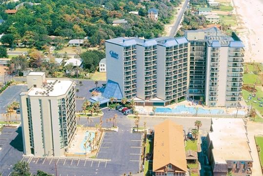 Resort exterior in aerial view.