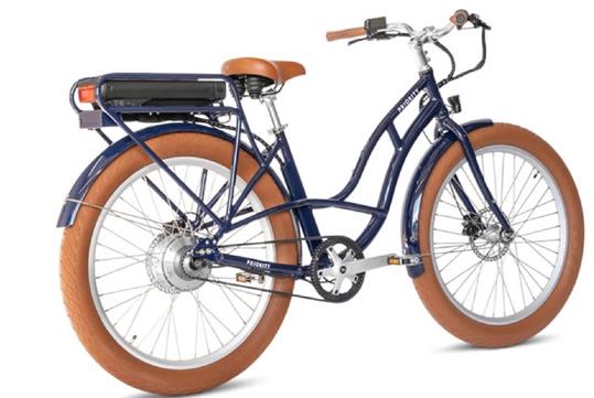 A dark blue bicycle with tan wheels, handles bar, and seat.