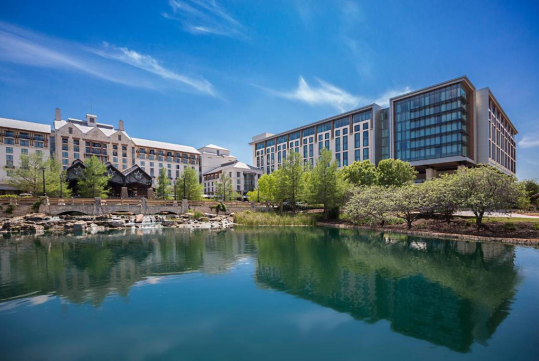 Exterior shot with the water view of the Gaylord Texan Resort and Convention Center, Grapevine, TX.