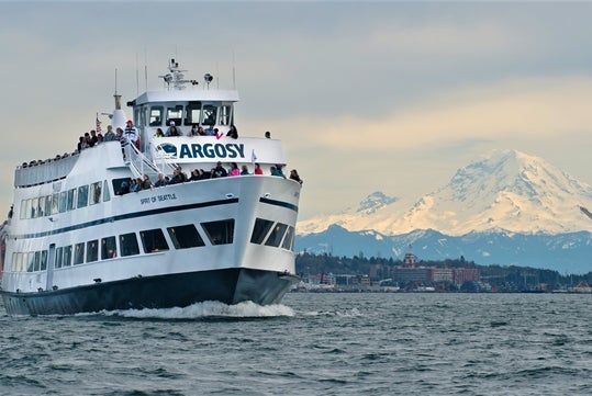 Spirit of Seattle boat on the Harbor Cruise with Mount Rainer