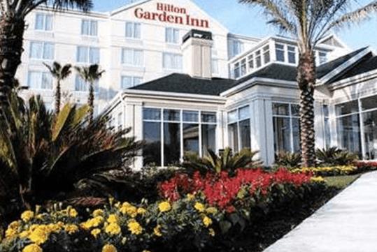 The exterior of the Hilton Garden Inn New Braunfels with a large flower bed and palm trees in the front on a sunny day.