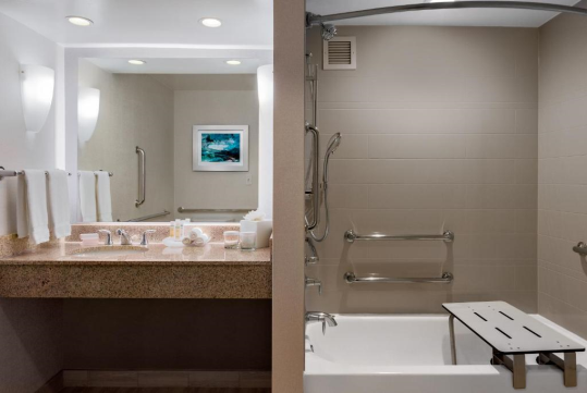 Guest bathroom at Homewood Suites by Hilton Seattle Downtown.