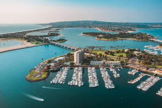 Aerial view of the resort and Mission Bay.