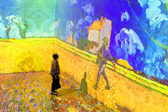 A room filled by Van Gogh's painting "Wheatfield with Crows with a visitor dressed in a checkered suit looking at the artwork.