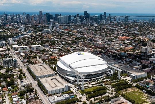 Aerial view of the venue of the loanDepot Park Stadium with the city around it on a sunny day in Miami, Florida.