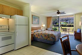 Kitchen, refrigerator, stovetop, 1 king bed at Outrigger Napili Shores, HI.