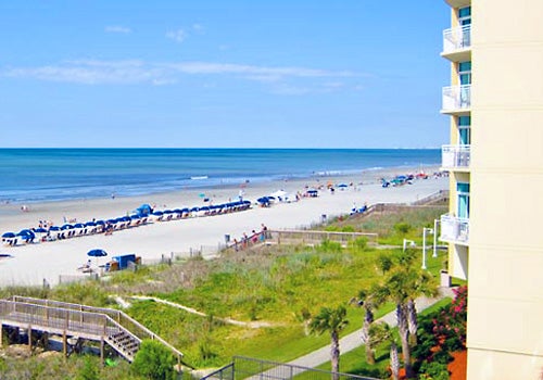 View of the beach at Peppertree by the Sea in North Myrtle Beach, South Carolina.