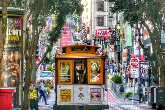 Classic cable car near Union Square in San Francisco, California, USA.