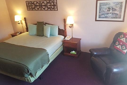 Hotel room with a green queen size bed, two wooden side tables, and a leather arm chair at Scenic Hills Inn in Branson, Missouri, USA.