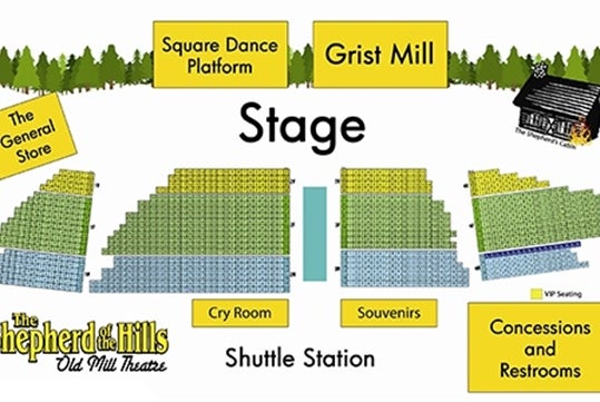 Thurman Old Mill Theatre seating chart at Shepherd of the Hills in Branson, Missouri