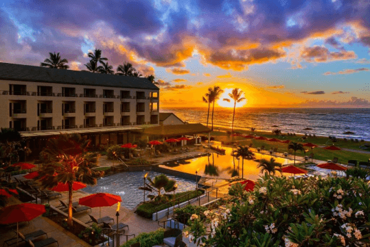 Spectacular view of sunrise and the resort.